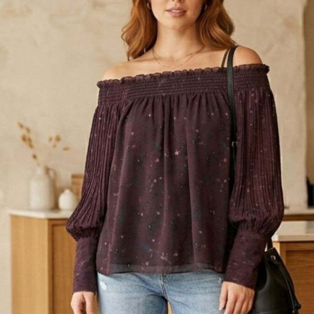 Yigal Azrouel off the shoulders pleated sleeves floral top purple Boho Chic